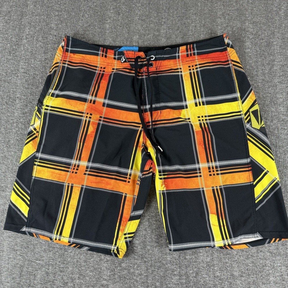 Volcom Boardshorts Mens 38 Plaid Orange Black 4 Way Stretch Surf 21 Inch Outseam